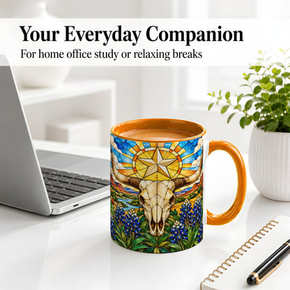 #pl[11oz|Orange] Western Cattle Skull Ceramic Mug, Blue Floral Design for Western Fans