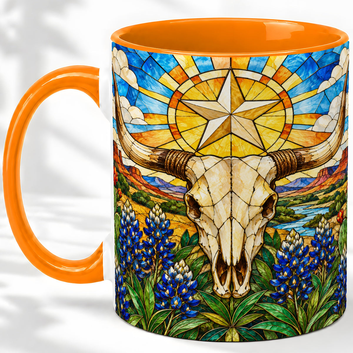 #pl[11oz|Orange] Western Cattle Skull Ceramic Mug, Blue Floral Design for Western Fans
