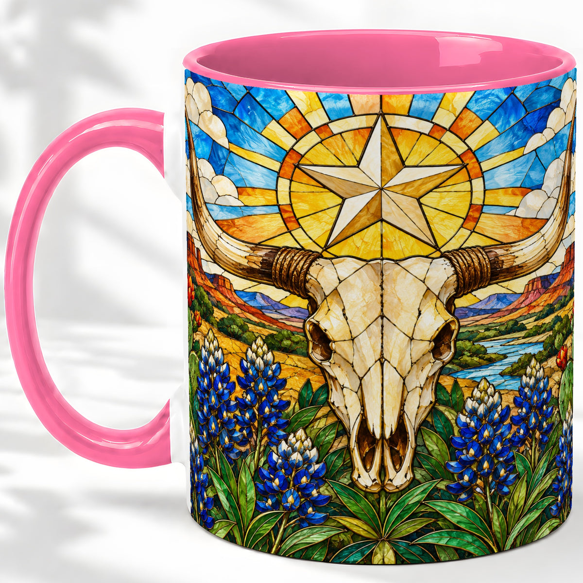 #pl[11oz|Pink] Western Cattle Skull Ceramic Mug, Blue Floral Design for Western Fans