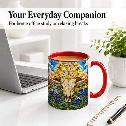 #pl[11oz|Red] Western Cattle Skull Ceramic Mug, Blue Floral Design for Western Fans