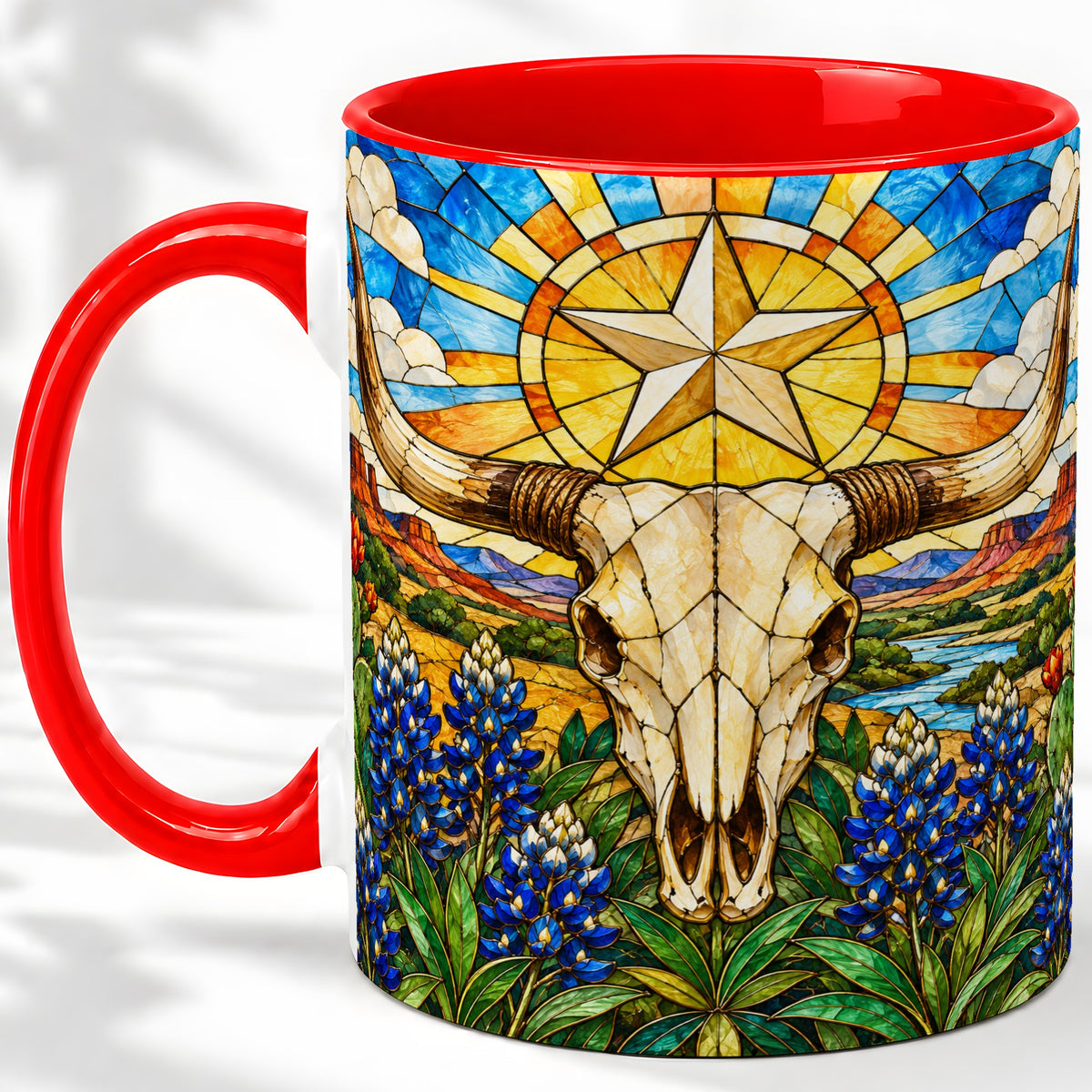 Western Cattle Skull Ceramic Mug, Blue Floral Design for Western Fans
