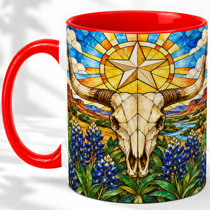 Western Cattle Skull Ceramic Mug, Blue Floral Design for Western Fans