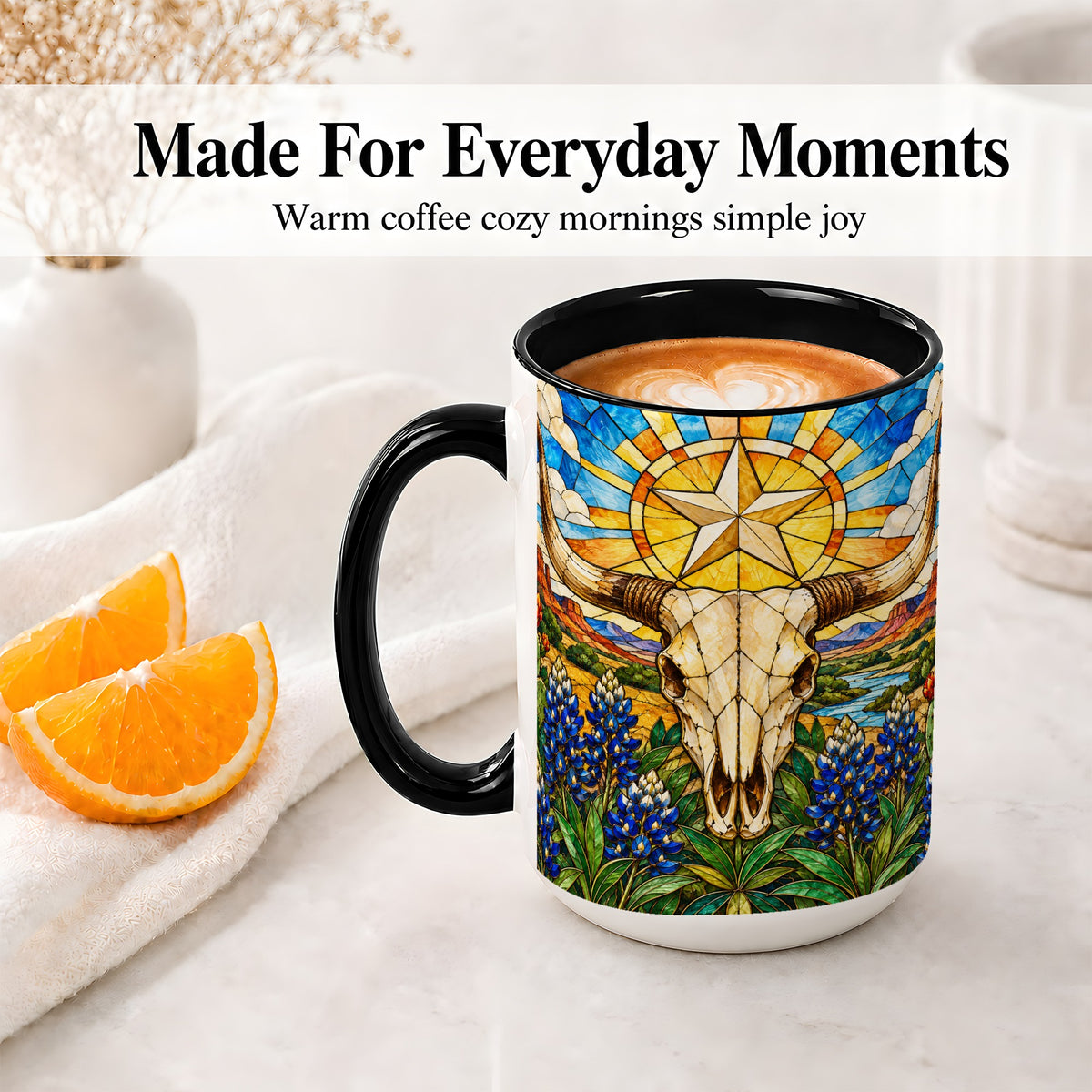 #pl[15oz|Black] Western Cattle Skull Ceramic Mug, Blue Floral Design for Western Fans