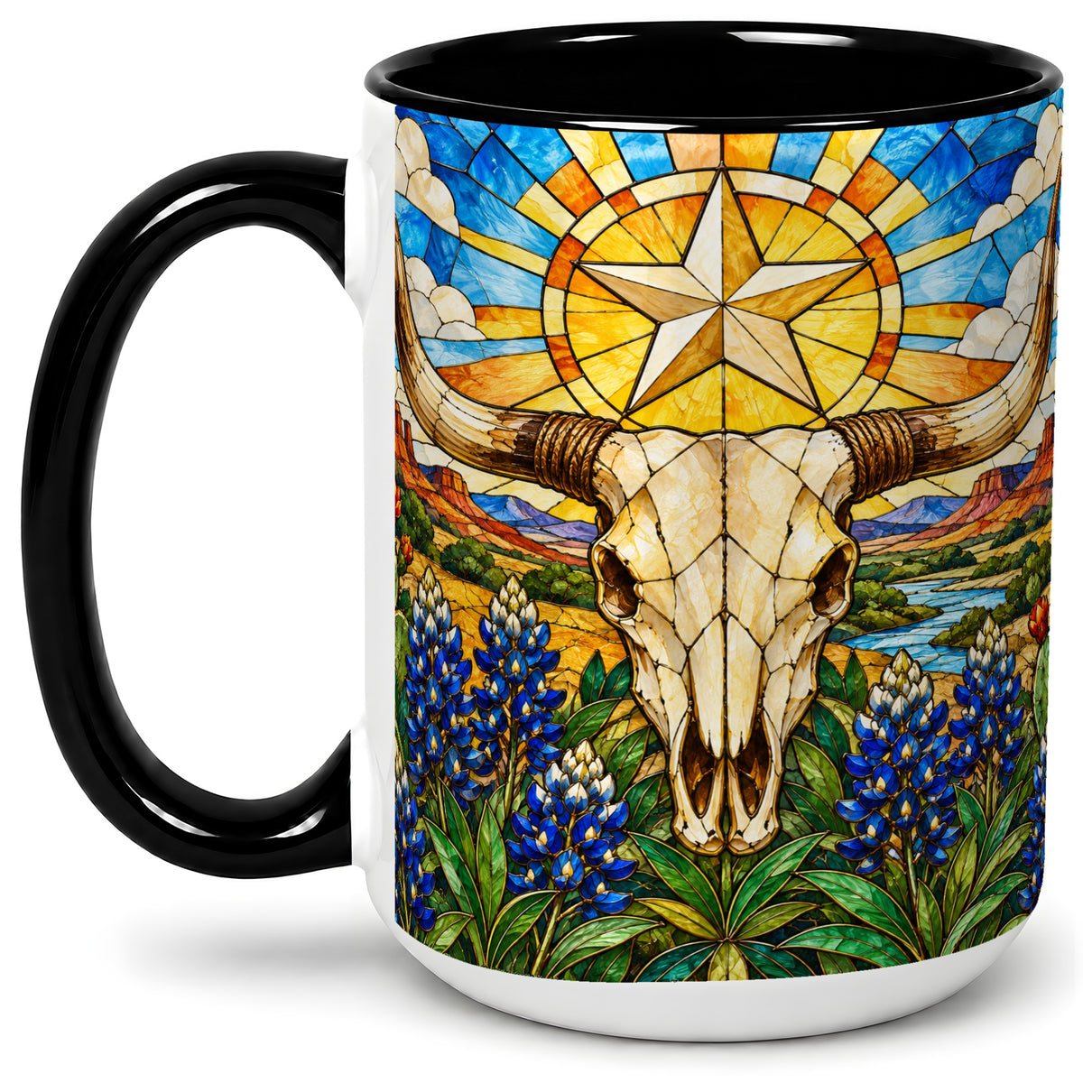 #pl[15oz|Black] Western Cattle Skull Ceramic Mug, Blue Floral Design for Western Fans