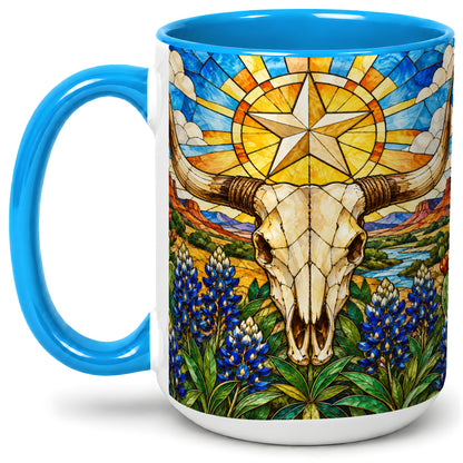 #pl[15oz|Blue] Western Cattle Skull Ceramic Mug, Blue Floral Design for Western Fans