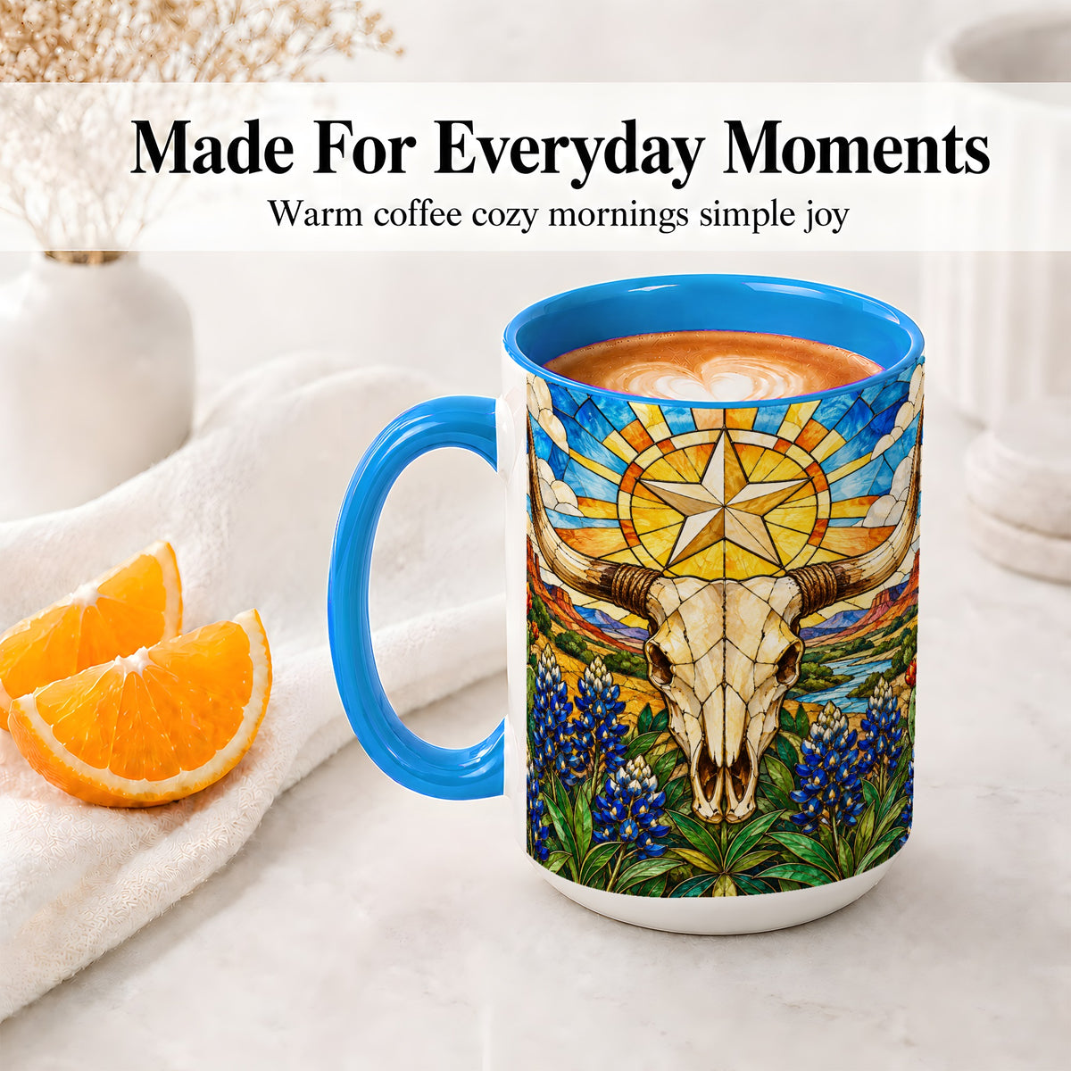 #pl[15oz|Blue] Western Cattle Skull Ceramic Mug, Blue Floral Design for Western Fans