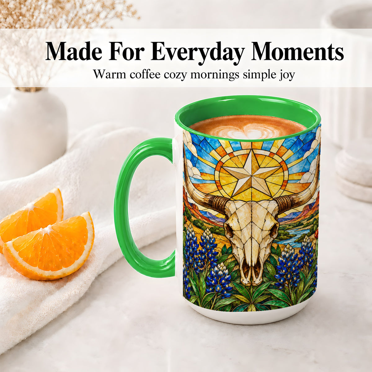 #pl[15oz|Green] Western Cattle Skull Ceramic Mug, Blue Floral Design for Western Fans