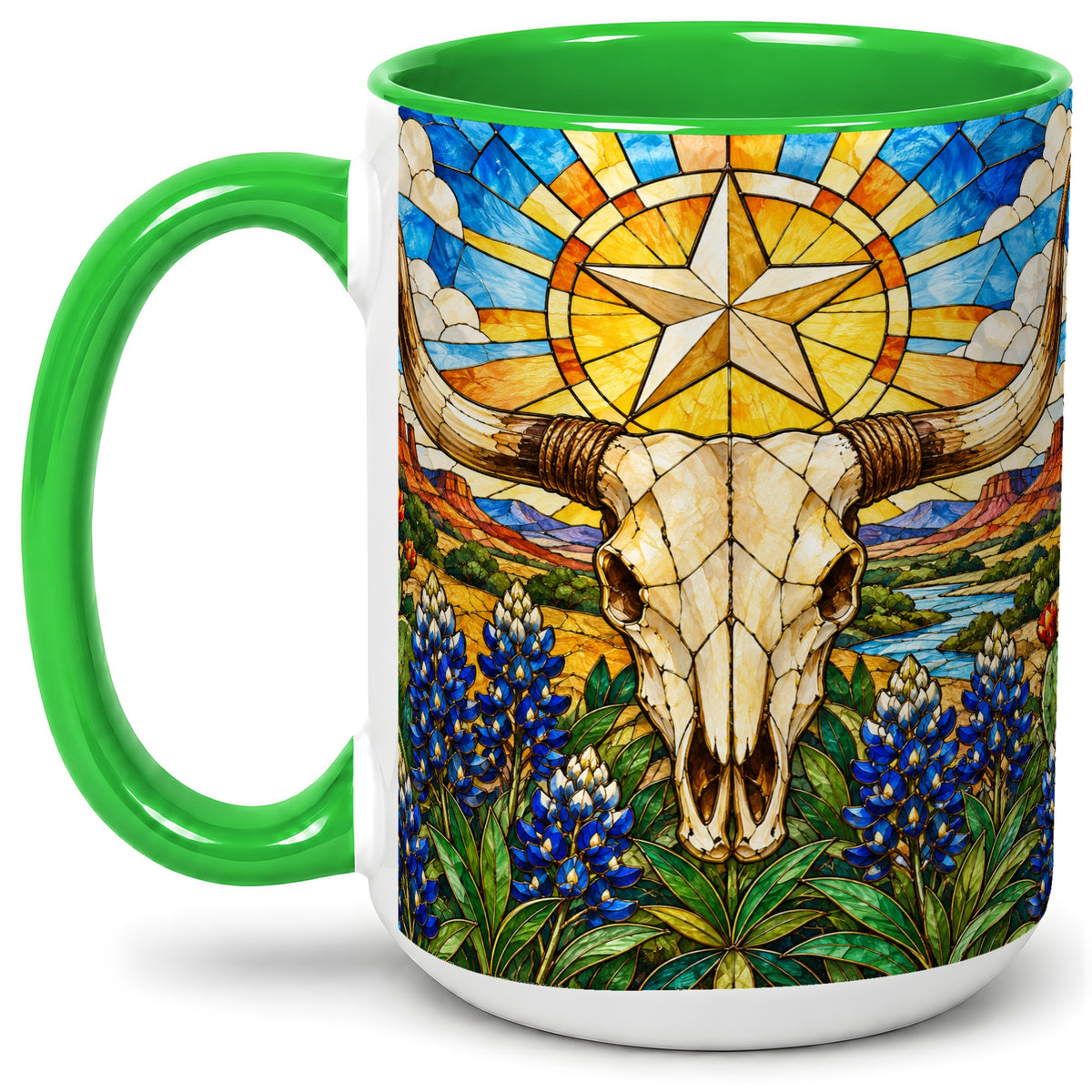 #pl[15oz|Green] Western Cattle Skull Ceramic Mug, Blue Floral Design for Western Fans