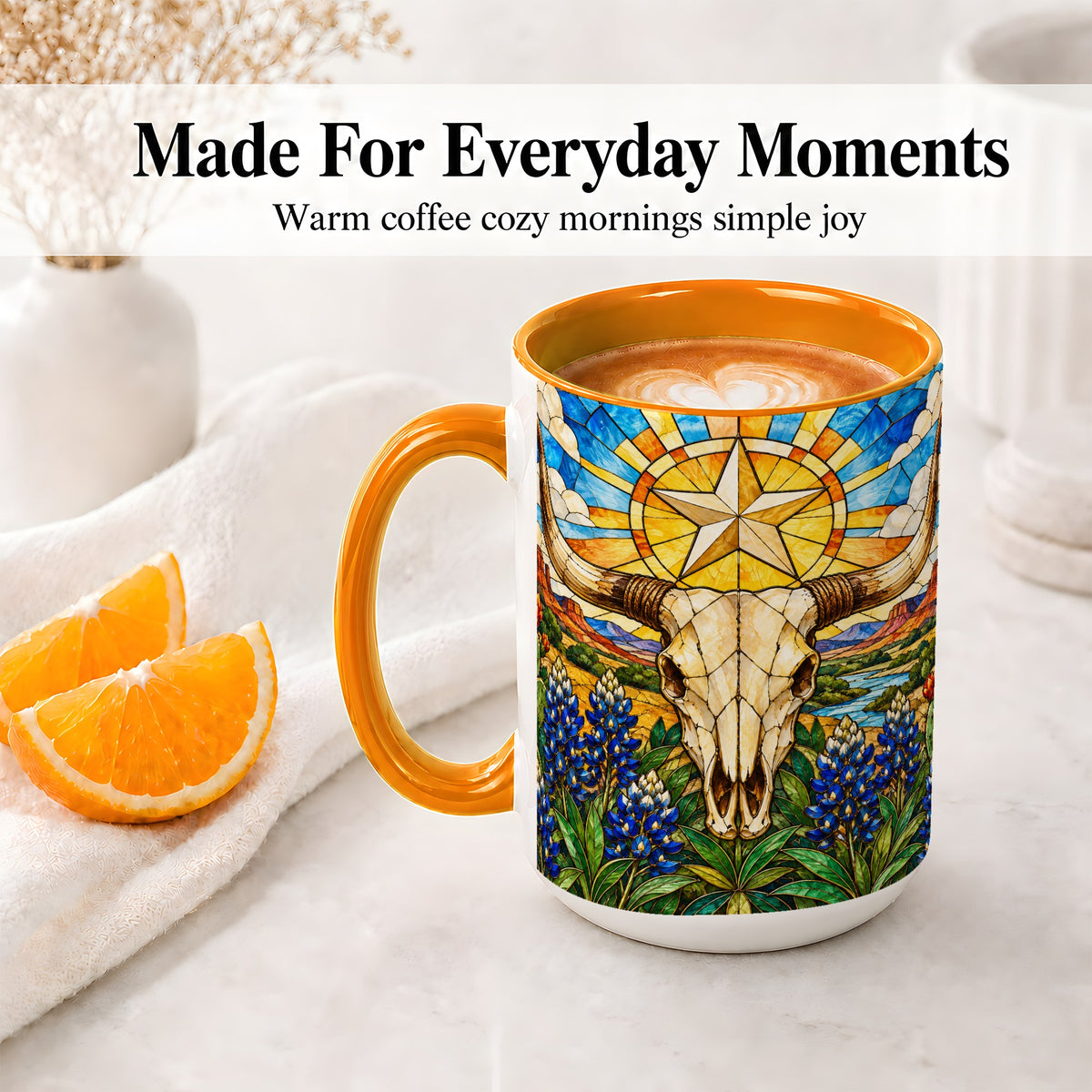 #pl[15oz|Orange] Western Cattle Skull Ceramic Mug, Blue Floral Design for Western Fans
