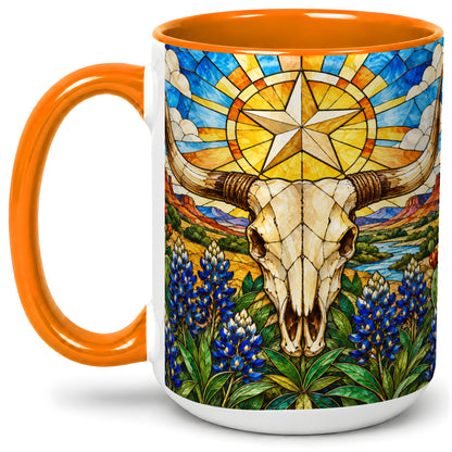 #pl[15oz|Orange] Western Cattle Skull Ceramic Mug, Blue Floral Design for Western Fans