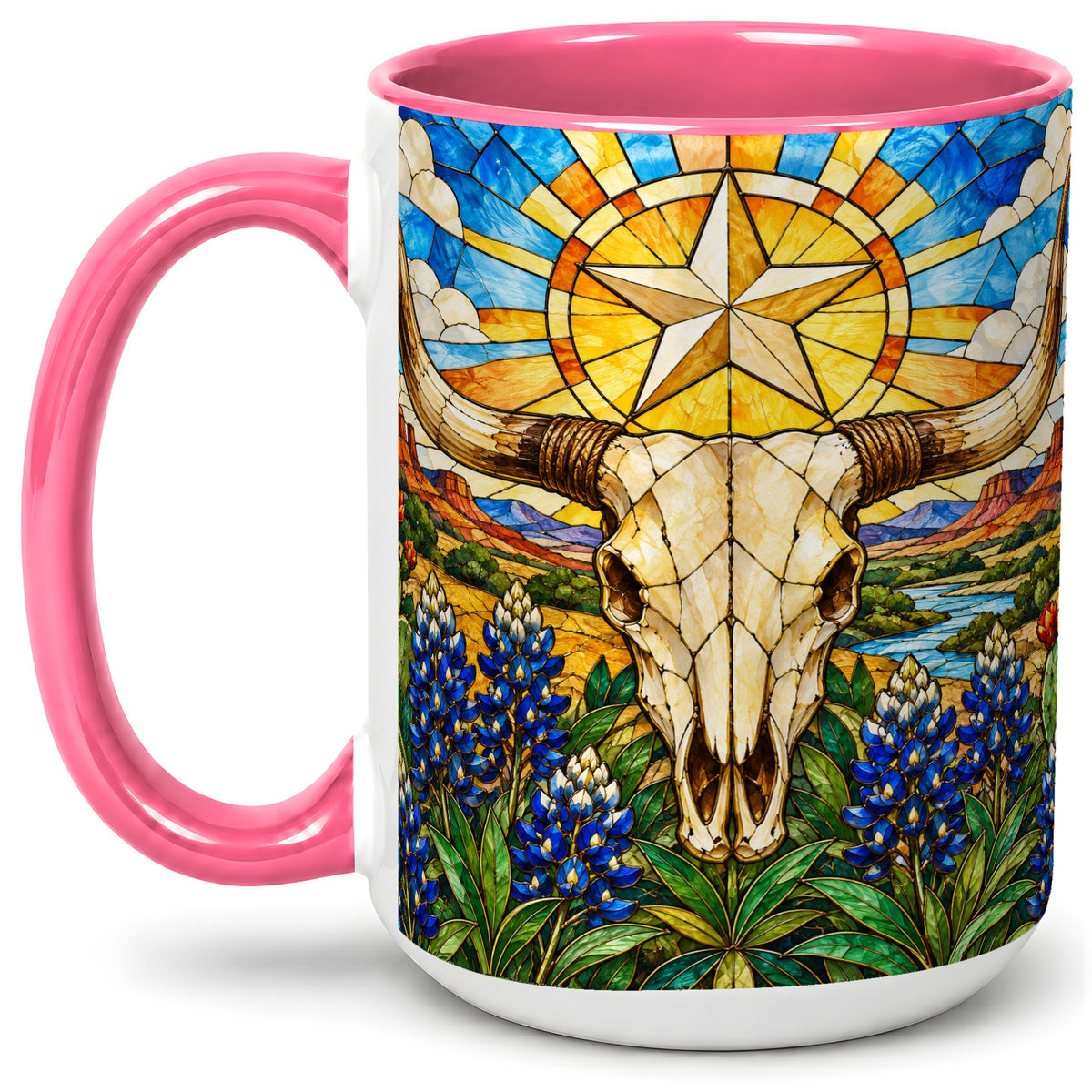 #pl[15oz|Pink] Western Cattle Skull Ceramic Mug, Blue Floral Design for Western Fans
