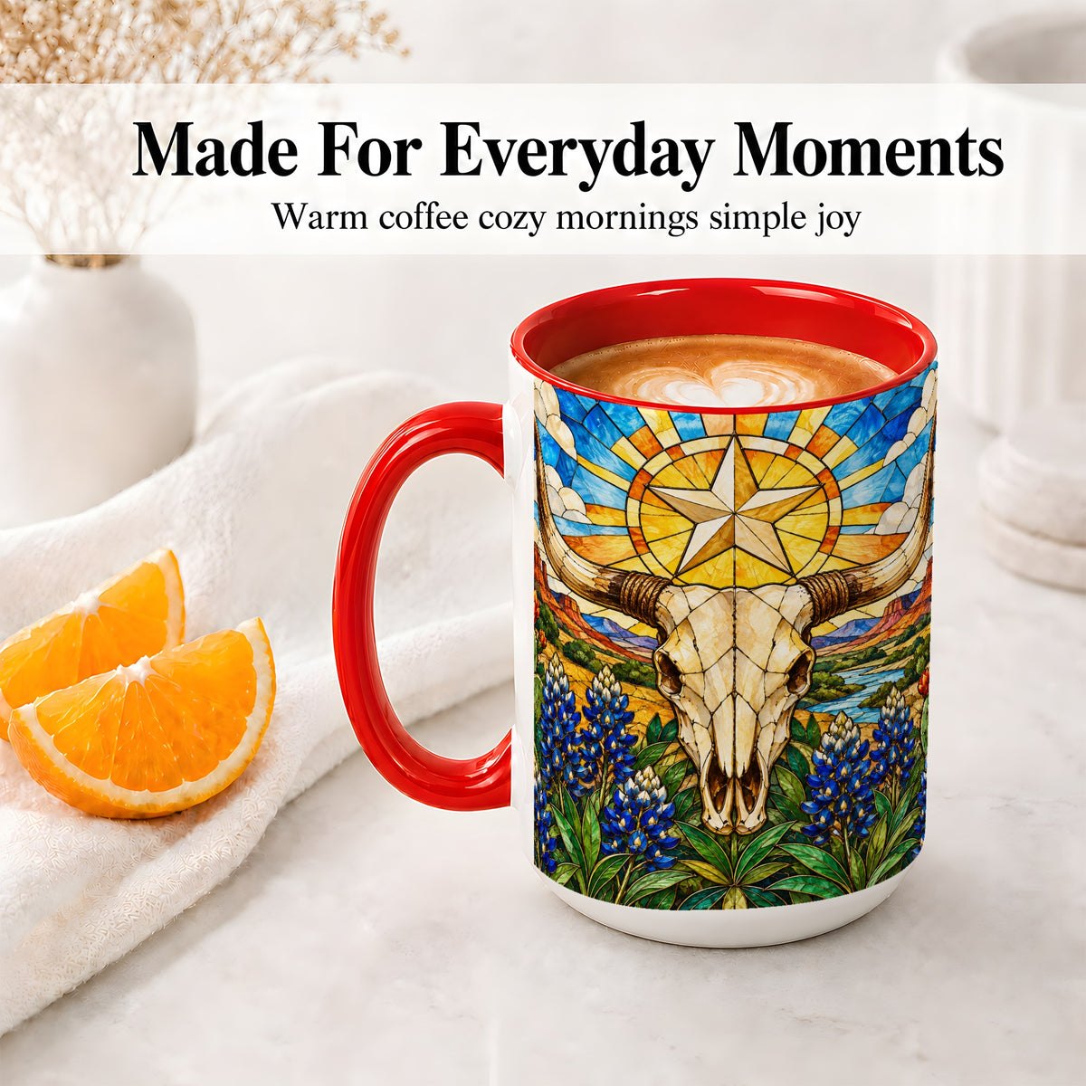 #pl[15oz|Red] Western Cattle Skull Ceramic Mug, Blue Floral Design for Western Fans