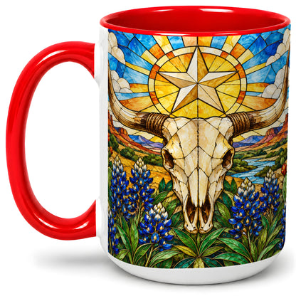 #pl[15oz|Red] Western Cattle Skull Ceramic Mug, Blue Floral Design for Western Fans