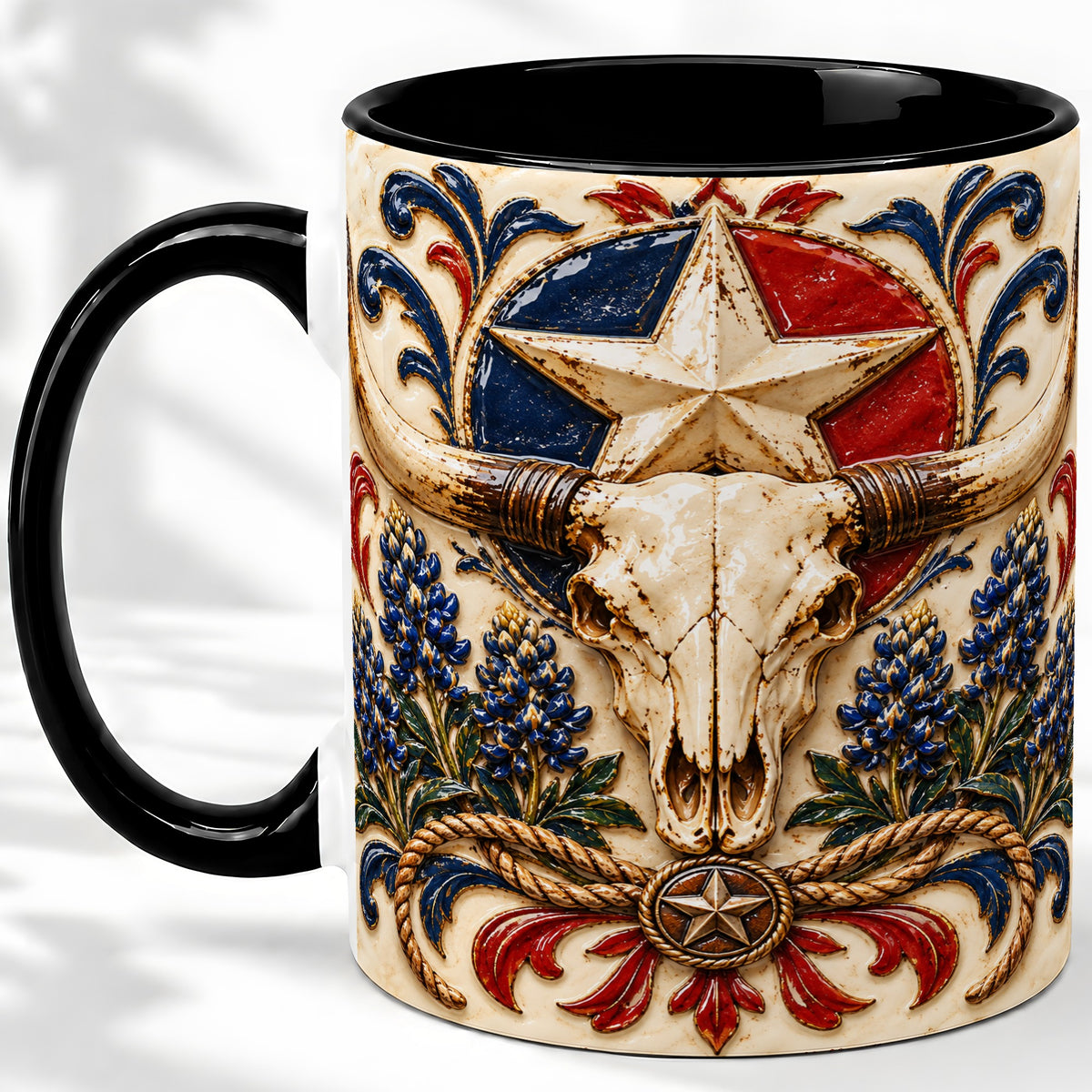 #pl[11oz|Black] Western Cattle Skull Ceramic Mug, Star Floral Design for Western Fans