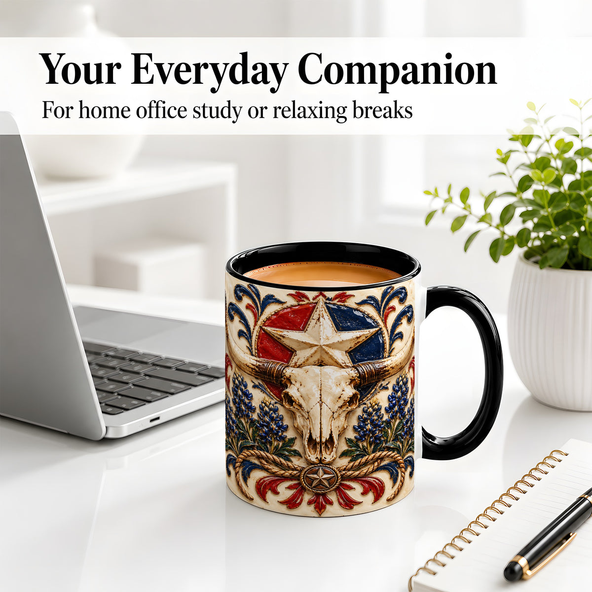 #pl[11oz|Black] Western Cattle Skull Ceramic Mug, Star Floral Design for Western Fans