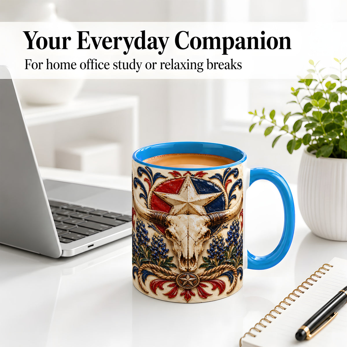 #pl[11oz|Blue] Western Cattle Skull Ceramic Mug, Star Floral Design for Western Fans