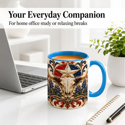 #pl[11oz|Blue] Western Cattle Skull Ceramic Mug, Star Floral Design for Western Fans