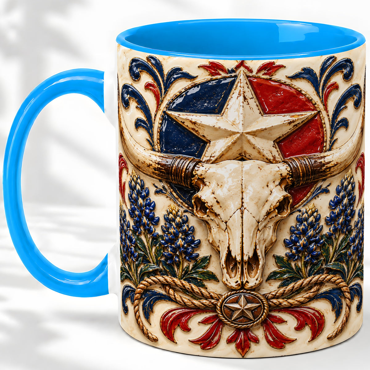 #pl[11oz|Blue] Western Cattle Skull Ceramic Mug, Star Floral Design for Western Fans