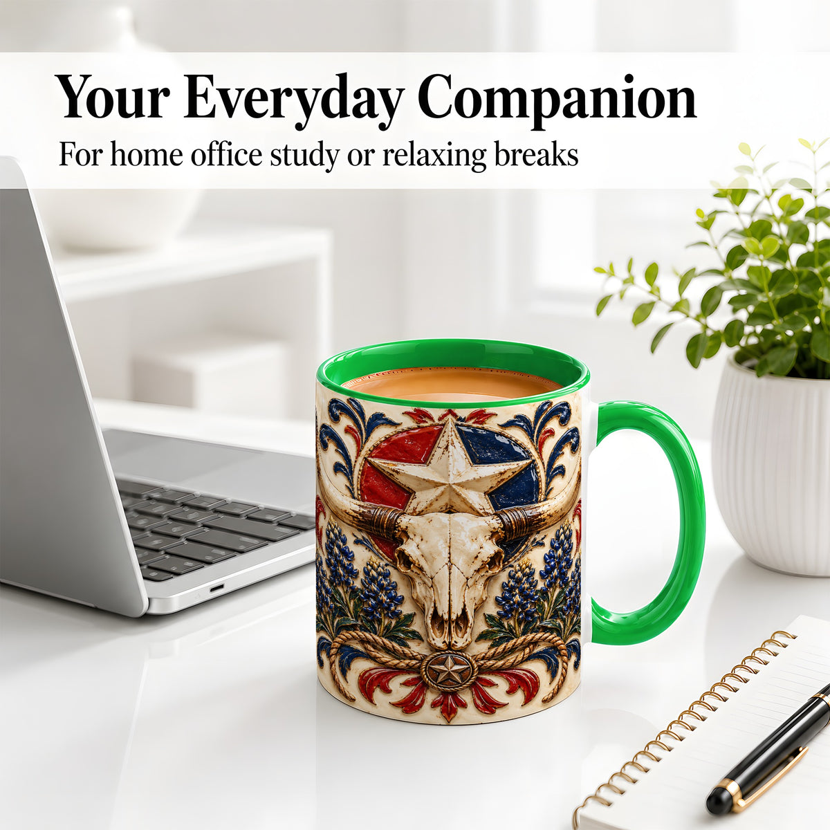 #pl[11oz|Green] Western Cattle Skull Ceramic Mug, Star Floral Design for Western Fans