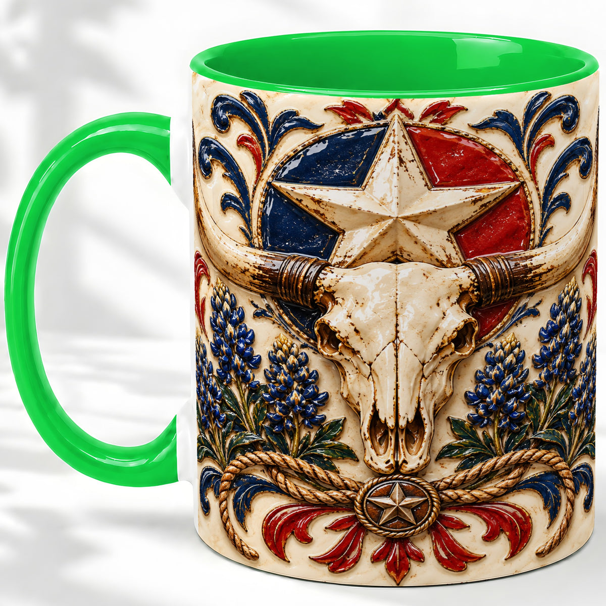 #pl[11oz|Green] Western Cattle Skull Ceramic Mug, Star Floral Design for Western Fans