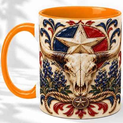 #pl[11oz|Orange] Western Cattle Skull Ceramic Mug, Star Floral Design for Western Fans