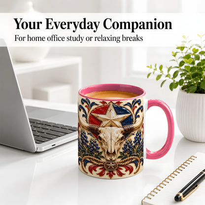 #pl[11oz|Pink] Western Cattle Skull Ceramic Mug, Star Floral Design for Western Fans