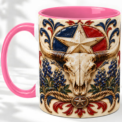 #pl[11oz|Pink] Western Cattle Skull Ceramic Mug, Star Floral Design for Western Fans
