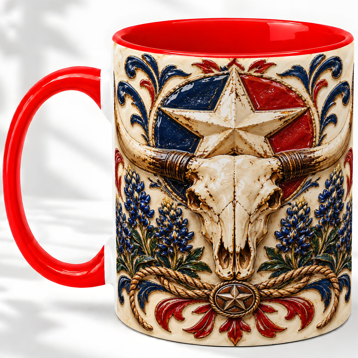 Western Cattle Skull Ceramic Mug, Star Floral Design for Western Fans