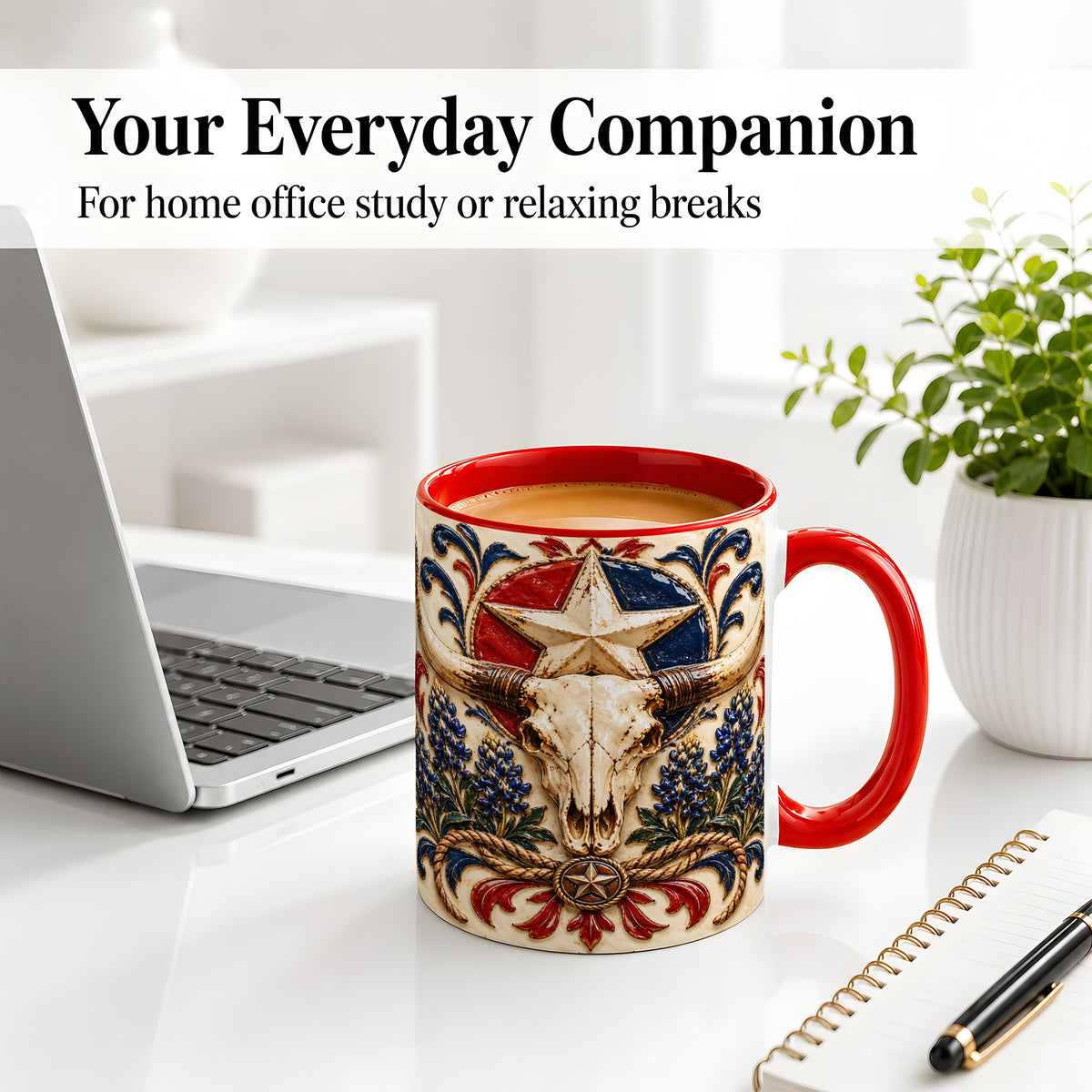 #pl[11oz|Red] Western Cattle Skull Ceramic Mug, Star Floral Design for Western Fans