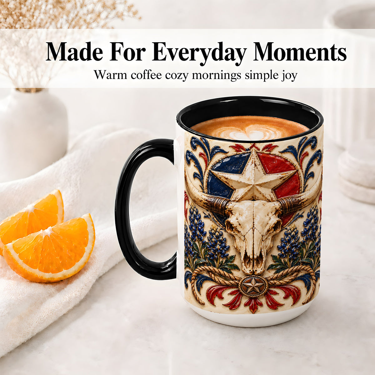 #pl[15oz|Black] Western Cattle Skull Ceramic Mug, Star Floral Design for Western Fans