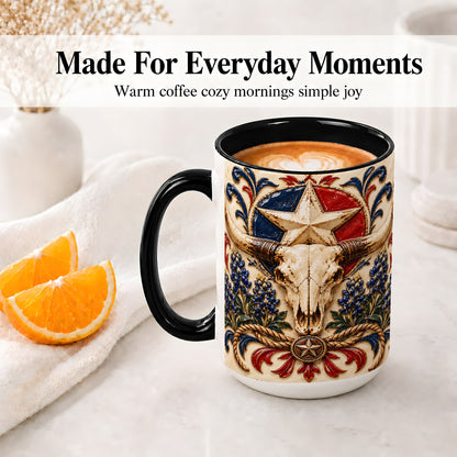 #pl[15oz|Black] Western Cattle Skull Ceramic Mug, Star Floral Design for Western Fans