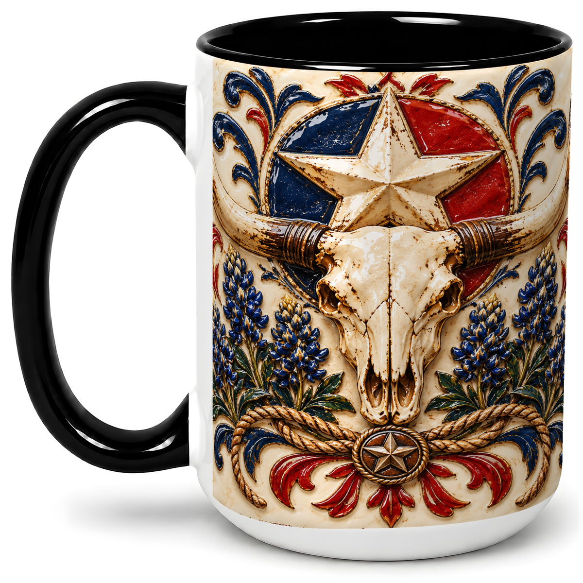 #pl[15oz|Black] Western Cattle Skull Ceramic Mug, Star Floral Design for Western Fans