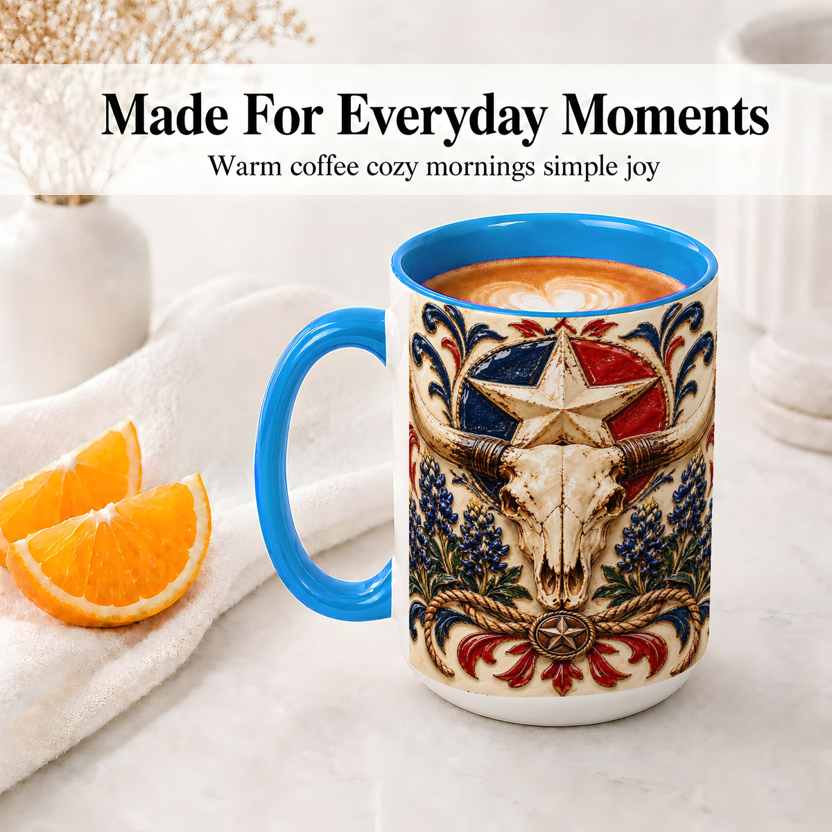 #pl[15oz|Blue] Western Cattle Skull Ceramic Mug, Star Floral Design for Western Fans