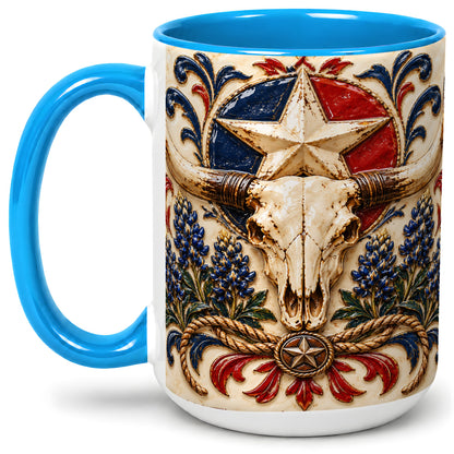 #pl[15oz|Blue] Western Cattle Skull Ceramic Mug, Star Floral Design for Western Fans