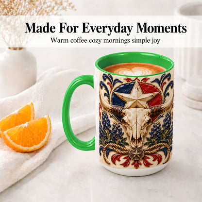 #pl[15oz|Green] Western Cattle Skull Ceramic Mug, Star Floral Design for Western Fans