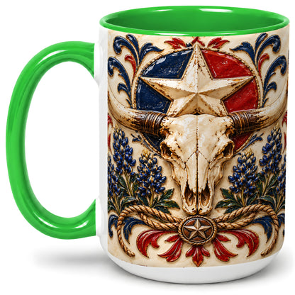 #pl[15oz|Green] Western Cattle Skull Ceramic Mug, Star Floral Design for Western Fans