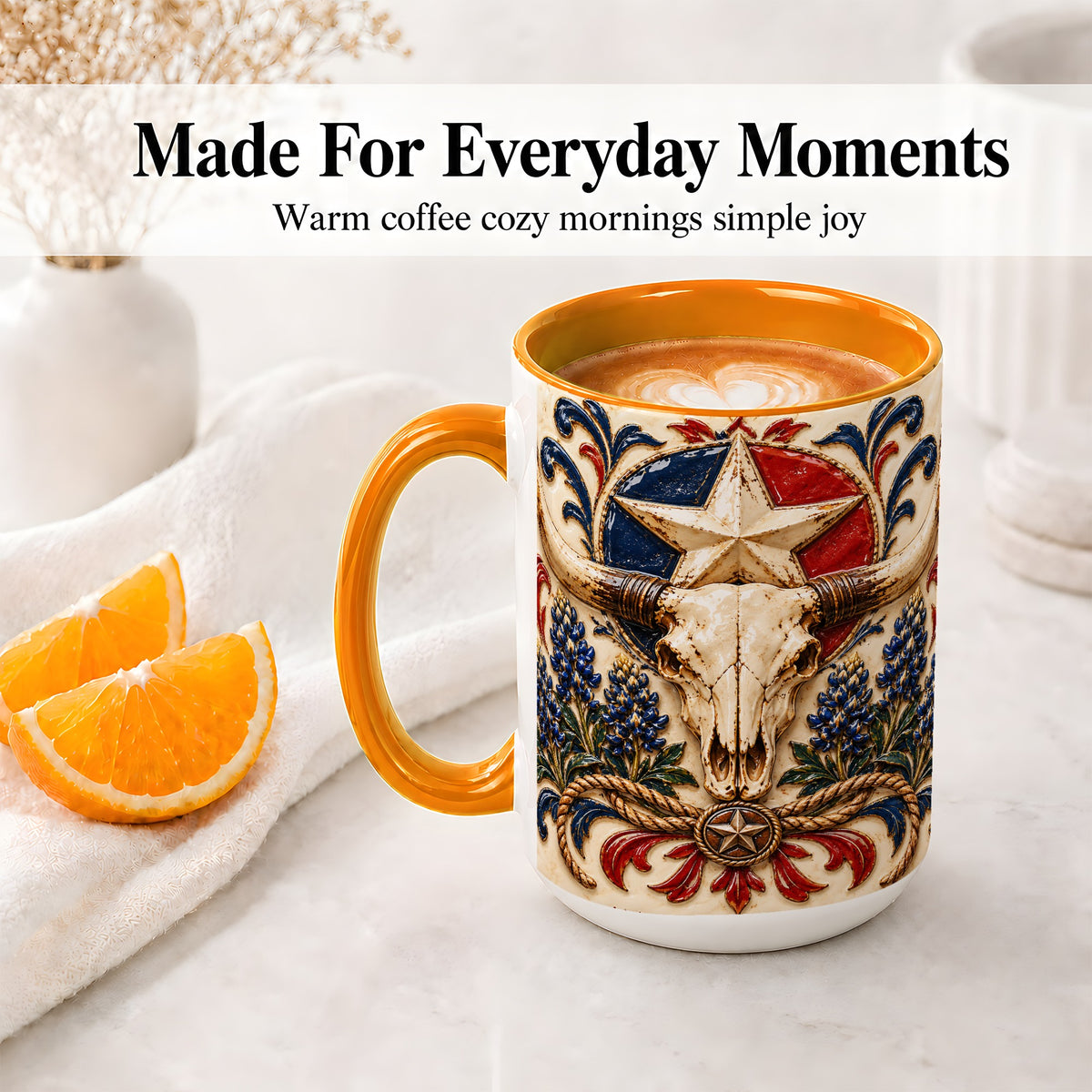 #pl[15oz|Orange] Western Cattle Skull Ceramic Mug, Star Floral Design for Western Fans