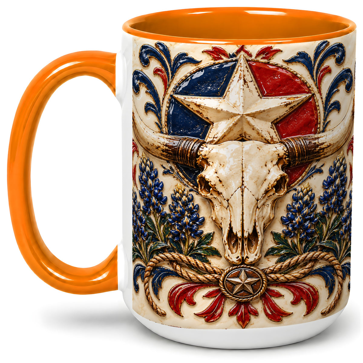 #pl[15oz|Orange] Western Cattle Skull Ceramic Mug, Star Floral Design for Western Fans
