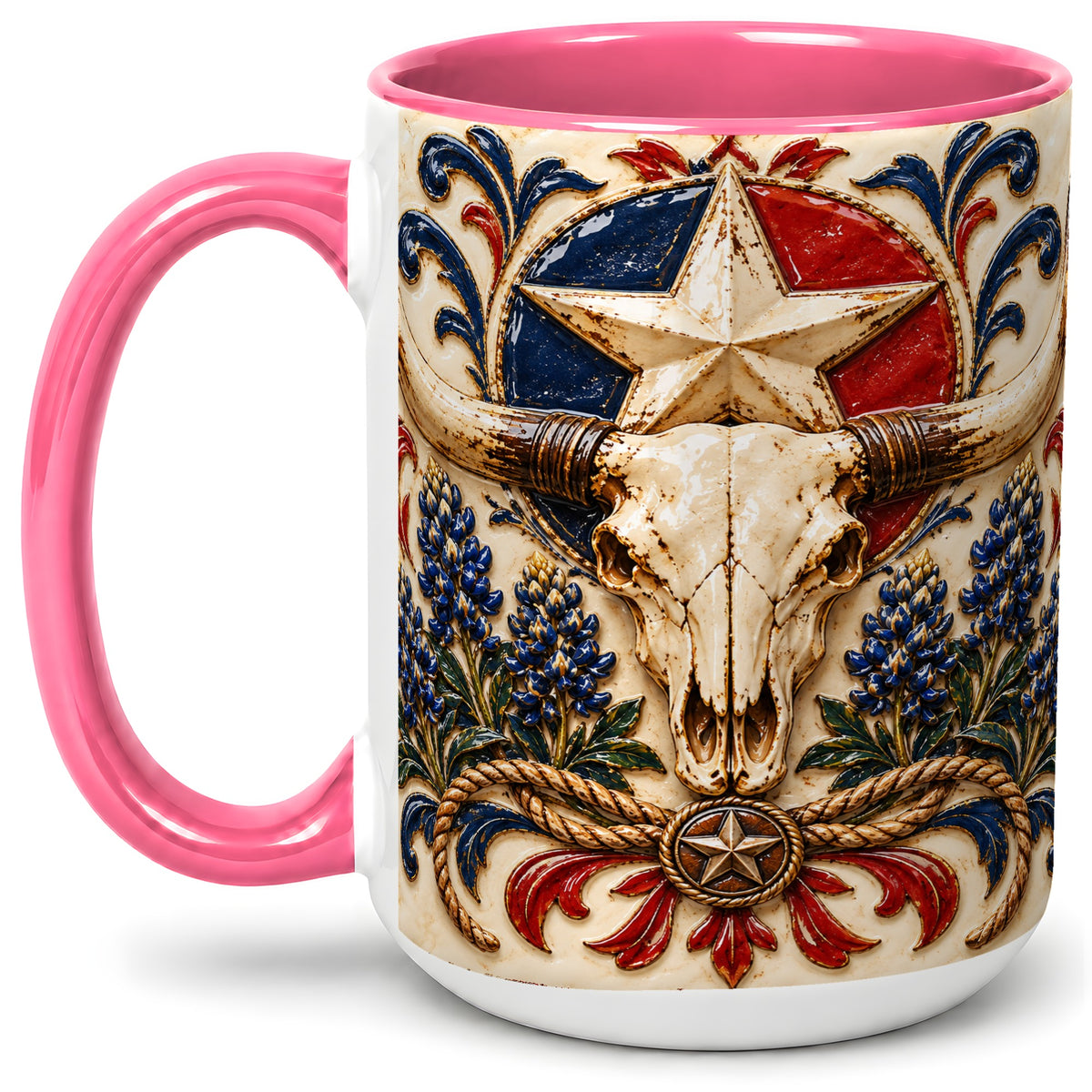 #pl[15oz|Pink] Western Cattle Skull Ceramic Mug, Star Floral Design for Western Fans