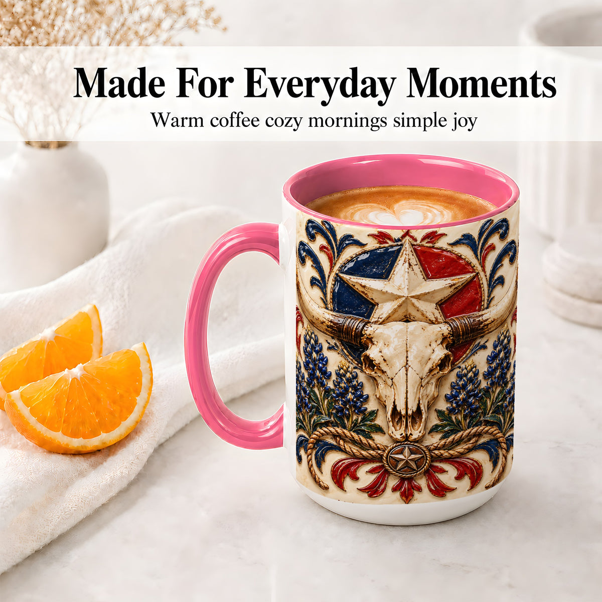 #pl[15oz|Pink] Western Cattle Skull Ceramic Mug, Star Floral Design for Western Fans
