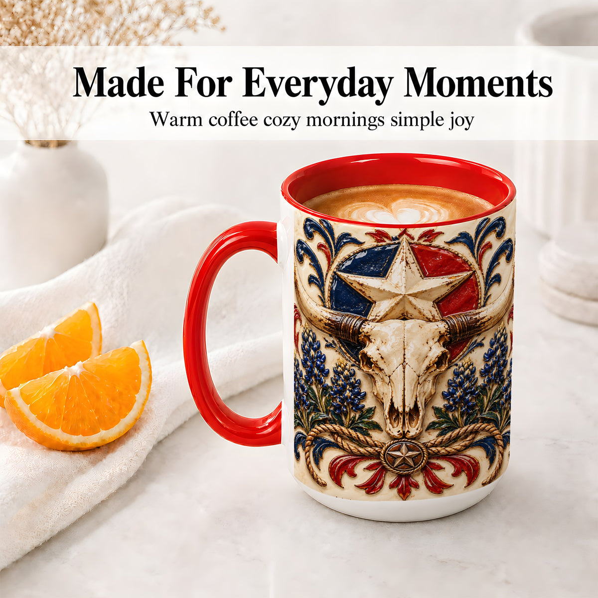 #pl[15oz|Red] Western Cattle Skull Ceramic Mug, Star Floral Design for Western Fans