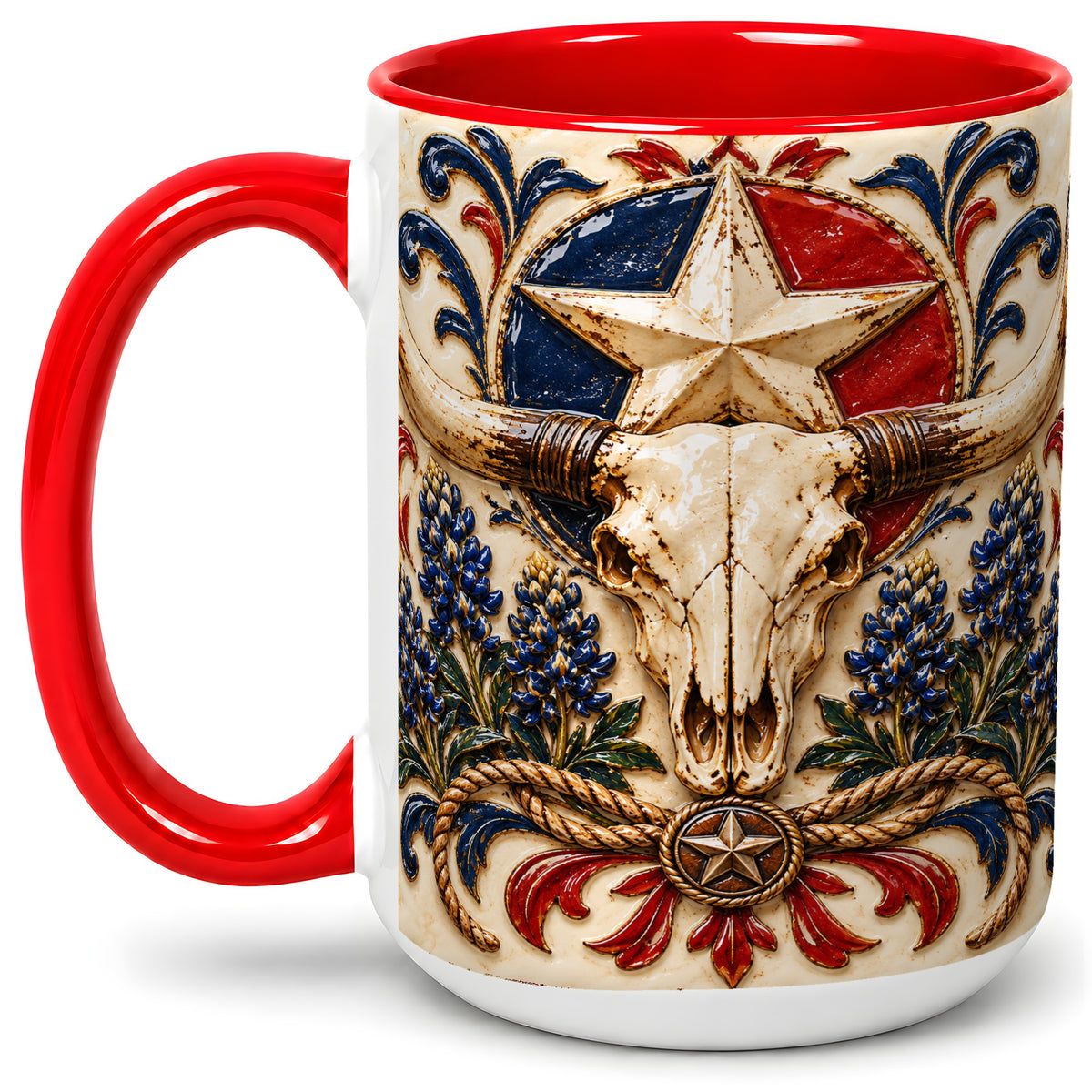 #pl[15oz|Red] Western Cattle Skull Ceramic Mug, Star Floral Design for Western Fans