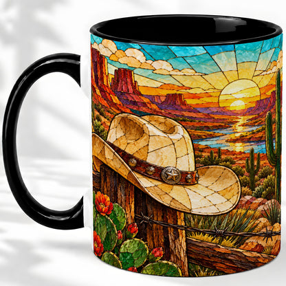 #pl[11oz|Black] Western Cowboy Hat Ceramic Mug, Desert Sunset Design for Ranch Fans