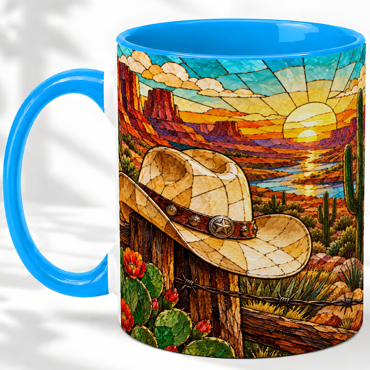 #pl[11oz|Blue] Western Cowboy Hat Ceramic Mug, Desert Sunset Design for Ranch Fans