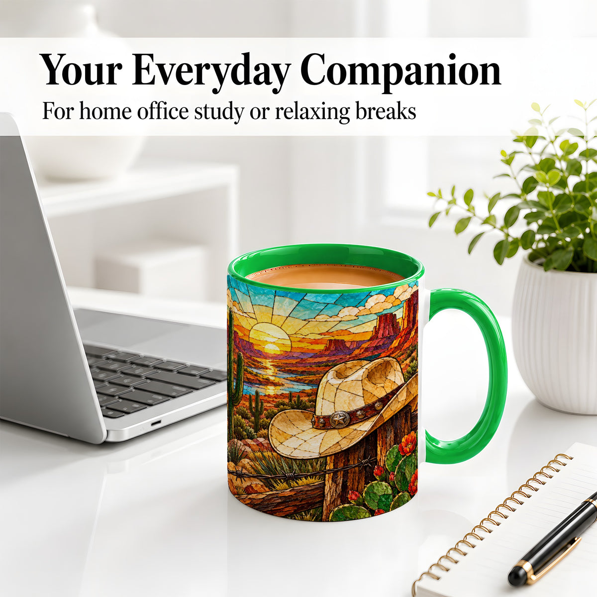 #pl[11oz|Green] Western Cowboy Hat Ceramic Mug, Desert Sunset Design for Ranch Fans