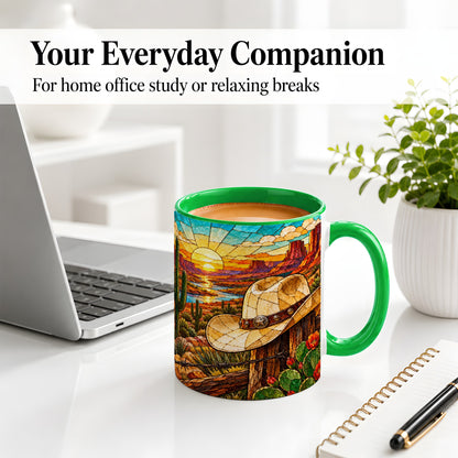 #pl[11oz|Green] Western Cowboy Hat Ceramic Mug, Desert Sunset Design for Ranch Fans