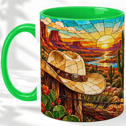 #pl[11oz|Green] Western Cowboy Hat Ceramic Mug, Desert Sunset Design for Ranch Fans