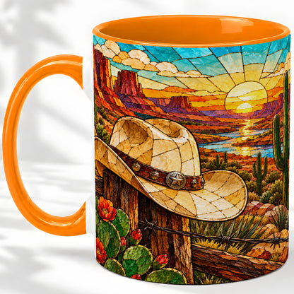 #pl[11oz|Orange] Western Cowboy Hat Ceramic Mug, Desert Sunset Design for Ranch Fans