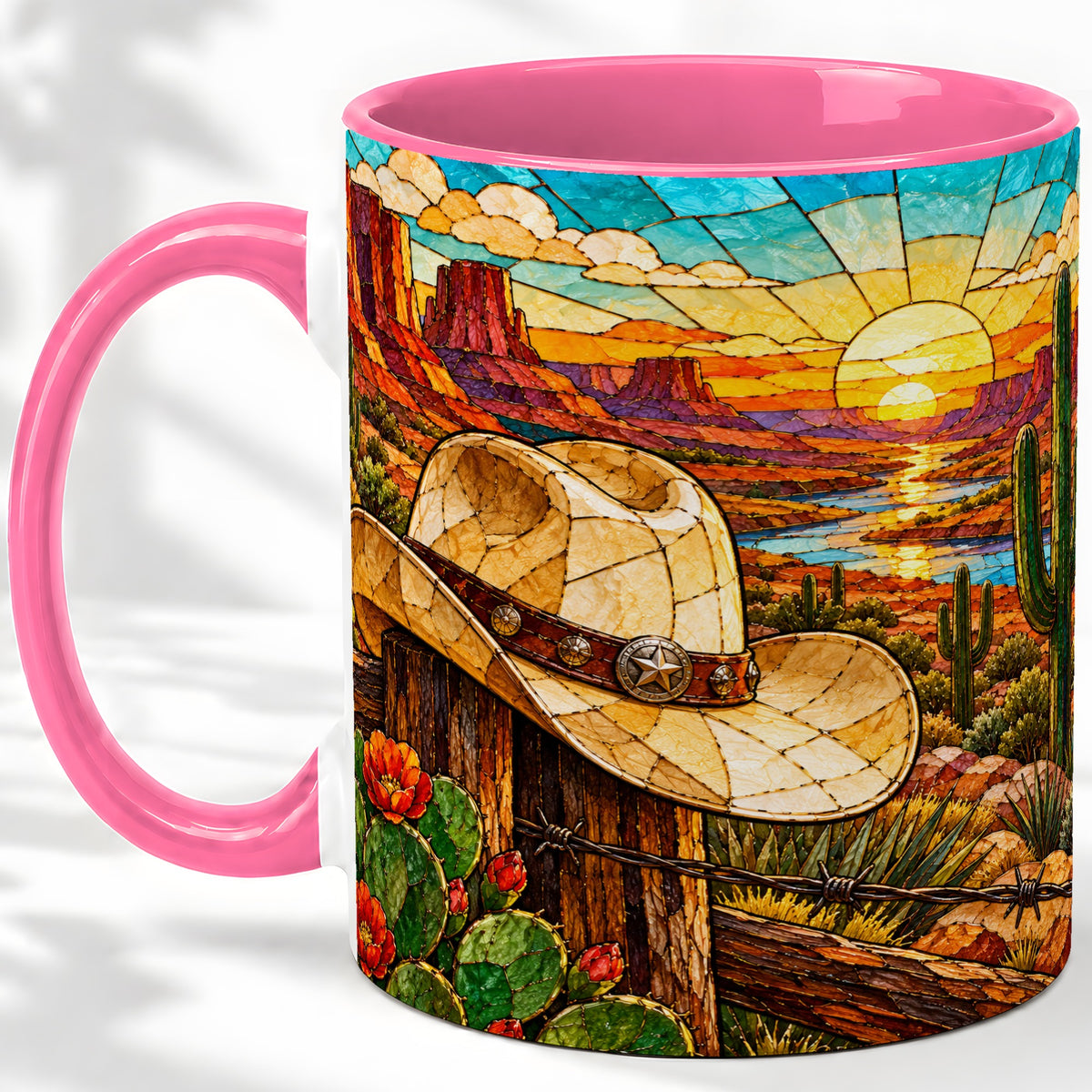 #pl[11oz|Pink] Western Cowboy Hat Ceramic Mug, Desert Sunset Design for Ranch Fans