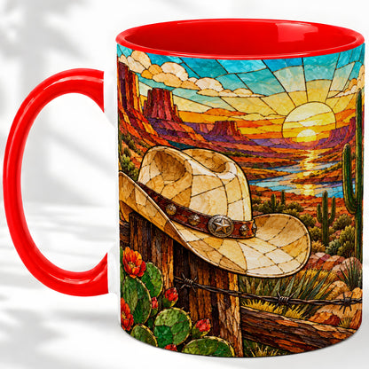 Western Cowboy Hat Ceramic Mug, Desert Sunset Design for Ranch Fans